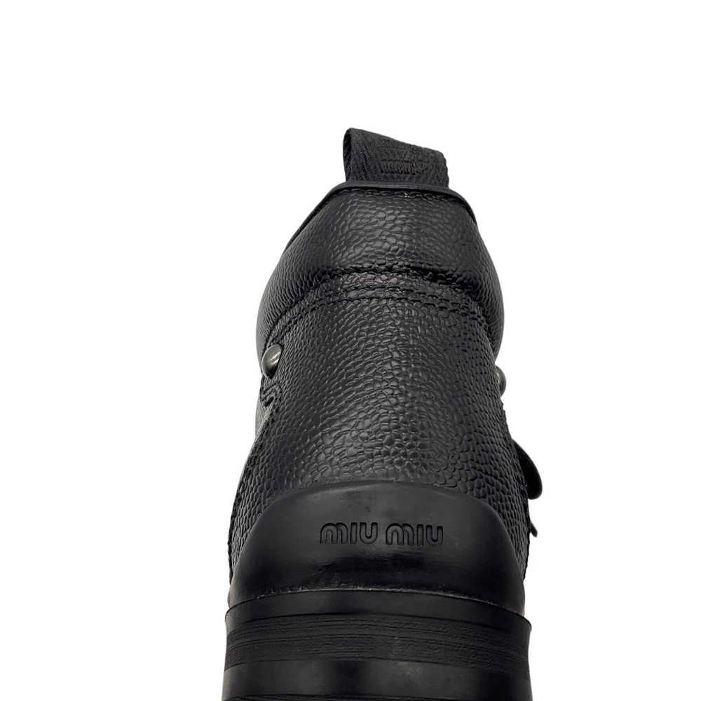MIU MIU BLACK LACE UP GRAINED LEATHER HEELED BIKER ANKLE BOOTS - Picture 7 of 9